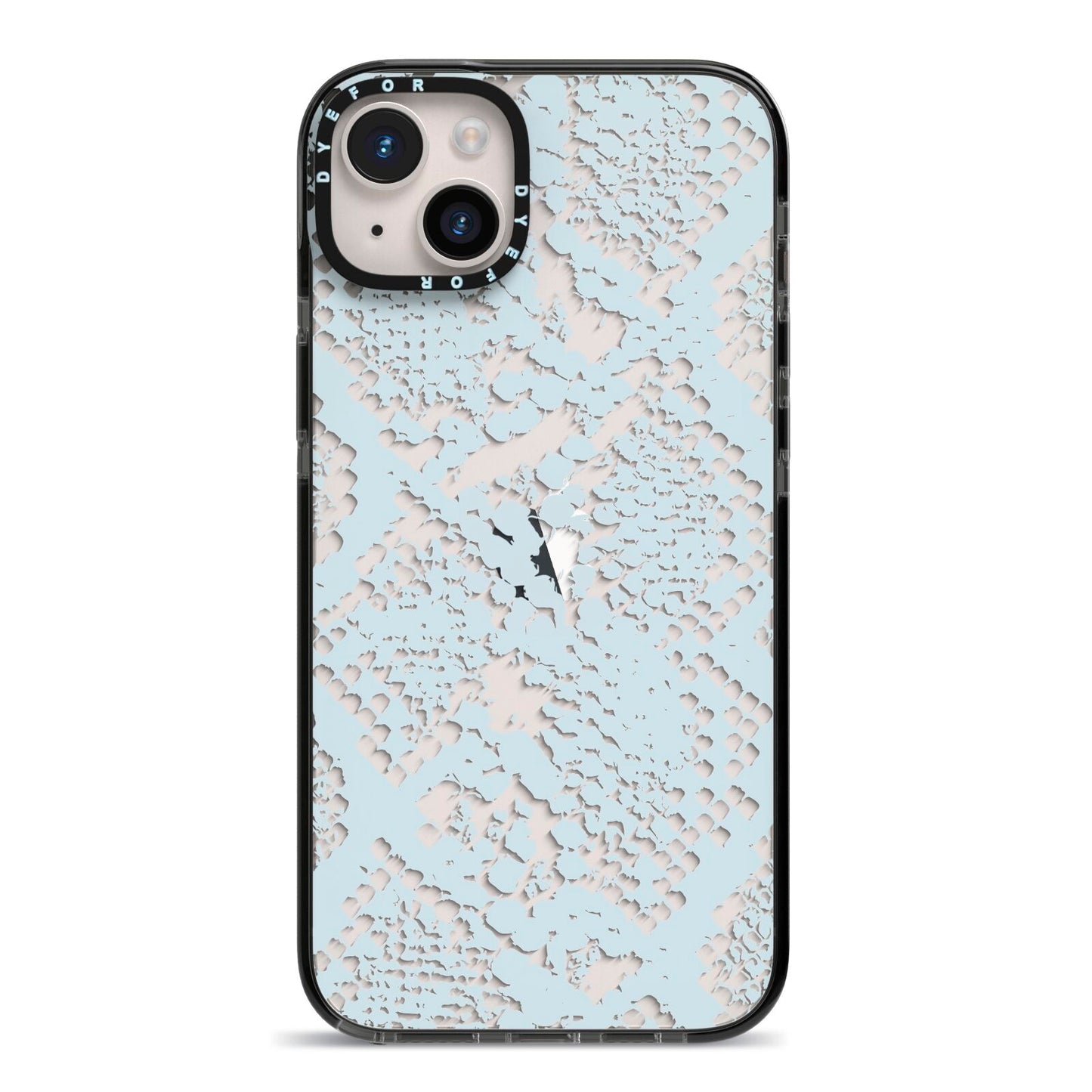 Sky Blue Snakeskin iPhone 14 Plus Black Impact Case on Silver phone