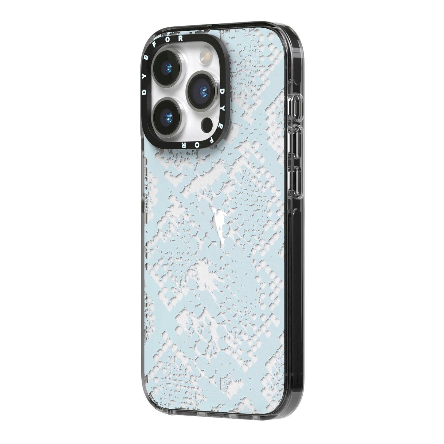 Sky Blue Snakeskin iPhone 14 Pro Black Impact Case Side Angle on Silver phone