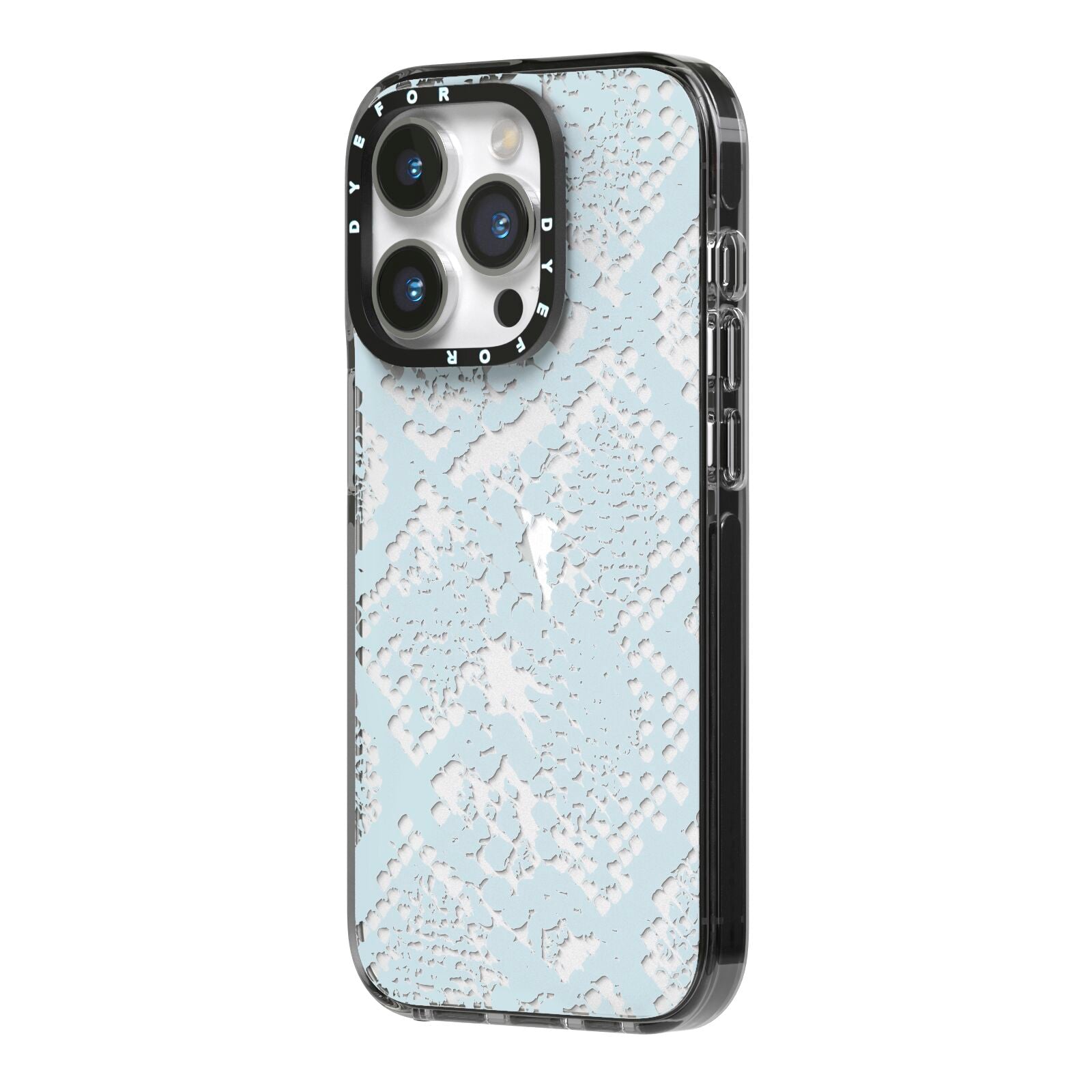 Sky Blue Snakeskin iPhone 14 Pro Black Impact Case Side Angle on Silver phone