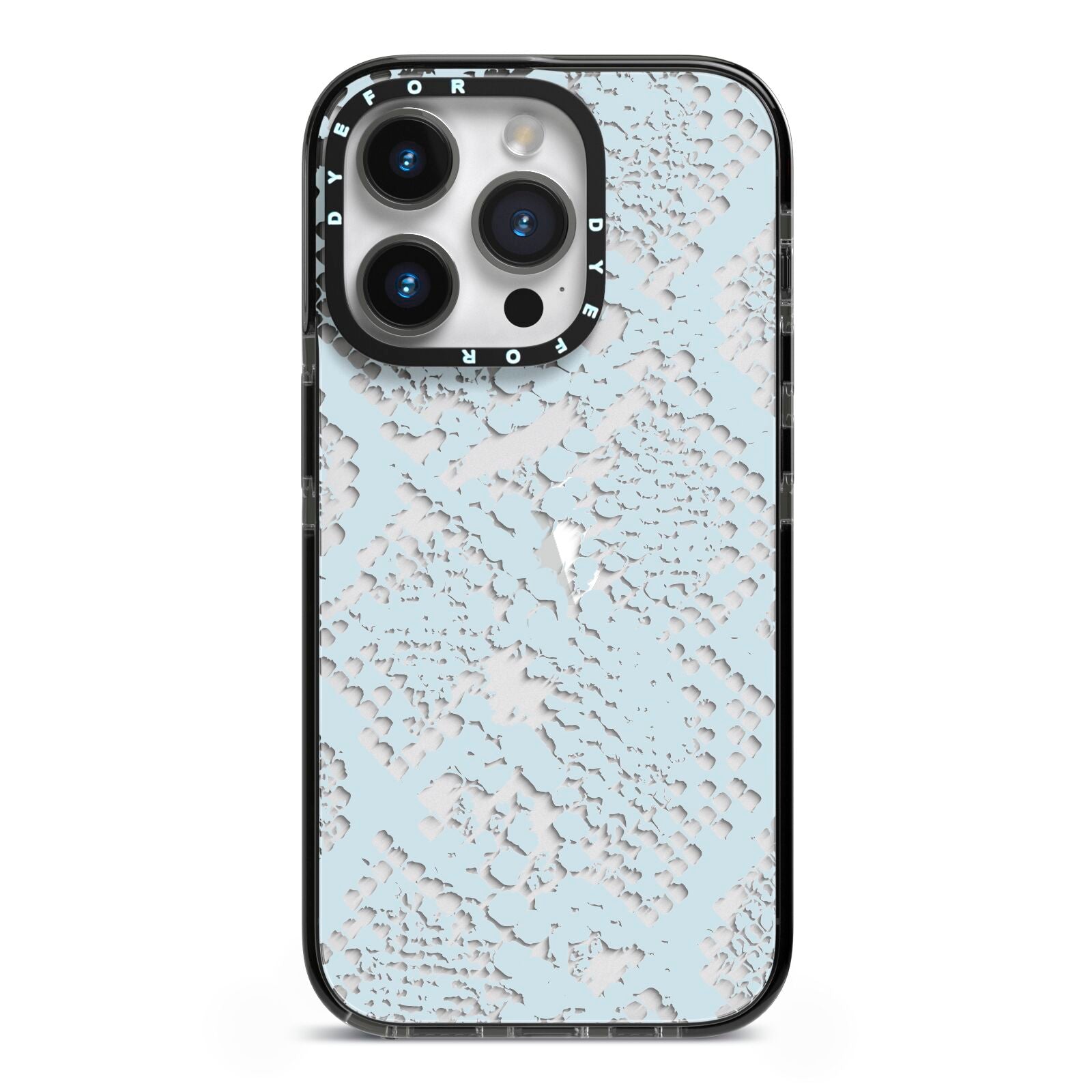 Sky Blue Snakeskin iPhone 14 Pro Black Impact Case on Silver phone