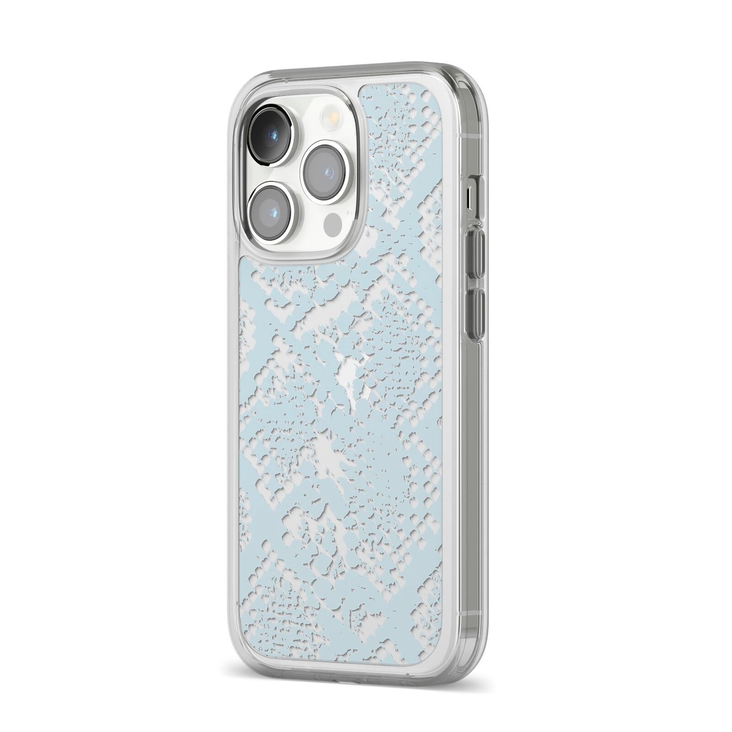 Sky Blue Snakeskin iPhone 14 Pro Clear Tough Case Silver Angled Image