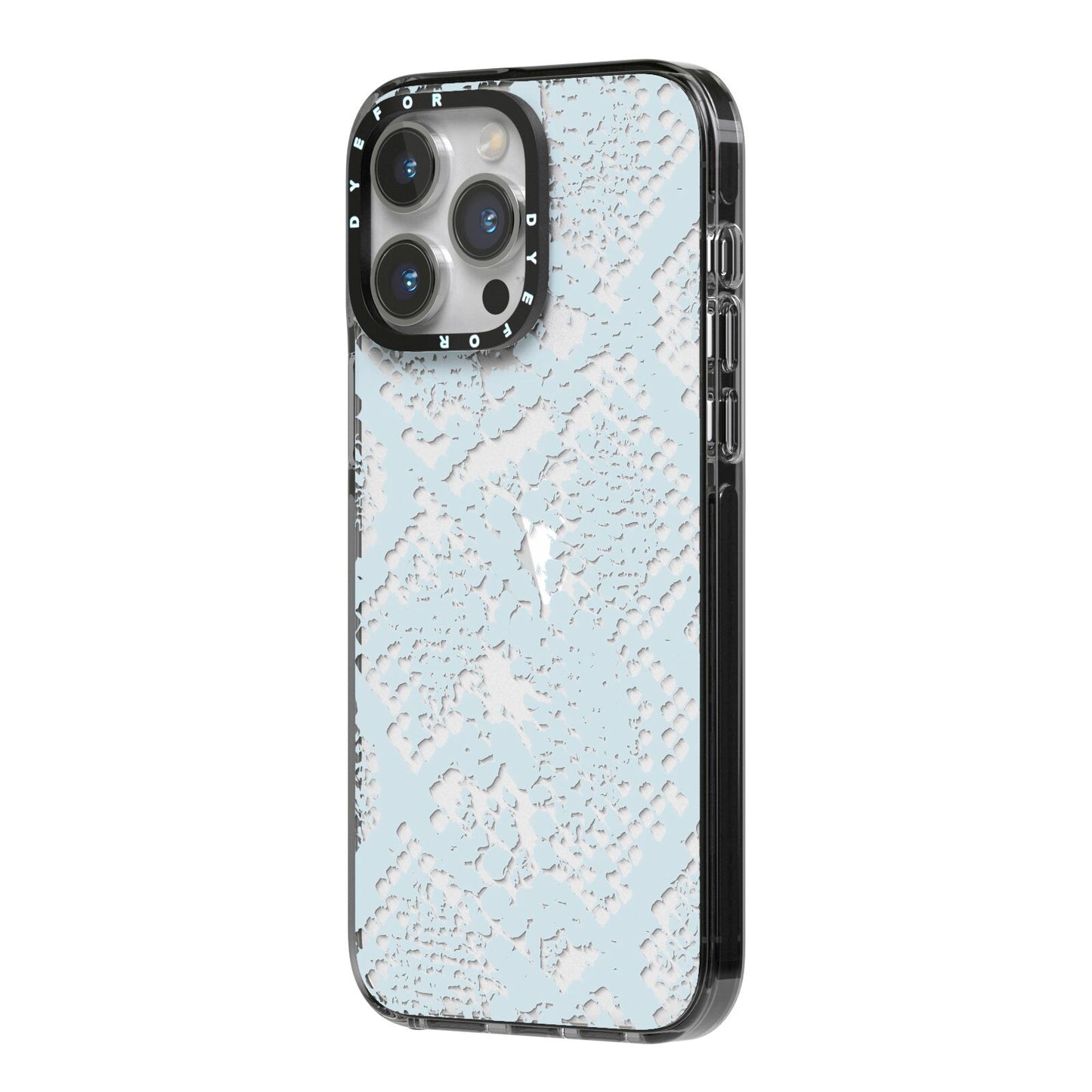 Sky Blue Snakeskin iPhone 14 Pro Max Black Impact Case Side Angle on Silver phone