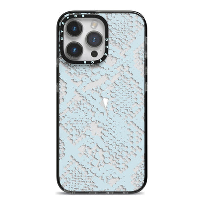 Sky Blue Snakeskin iPhone 14 Pro Max Black Impact Case on Silver phone