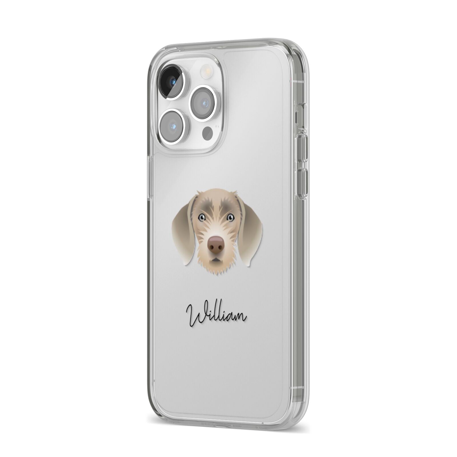 Slovakian Rough Haired Pointer Personalised iPhone 14 Pro Max Clear Tough Case Silver Angled Image