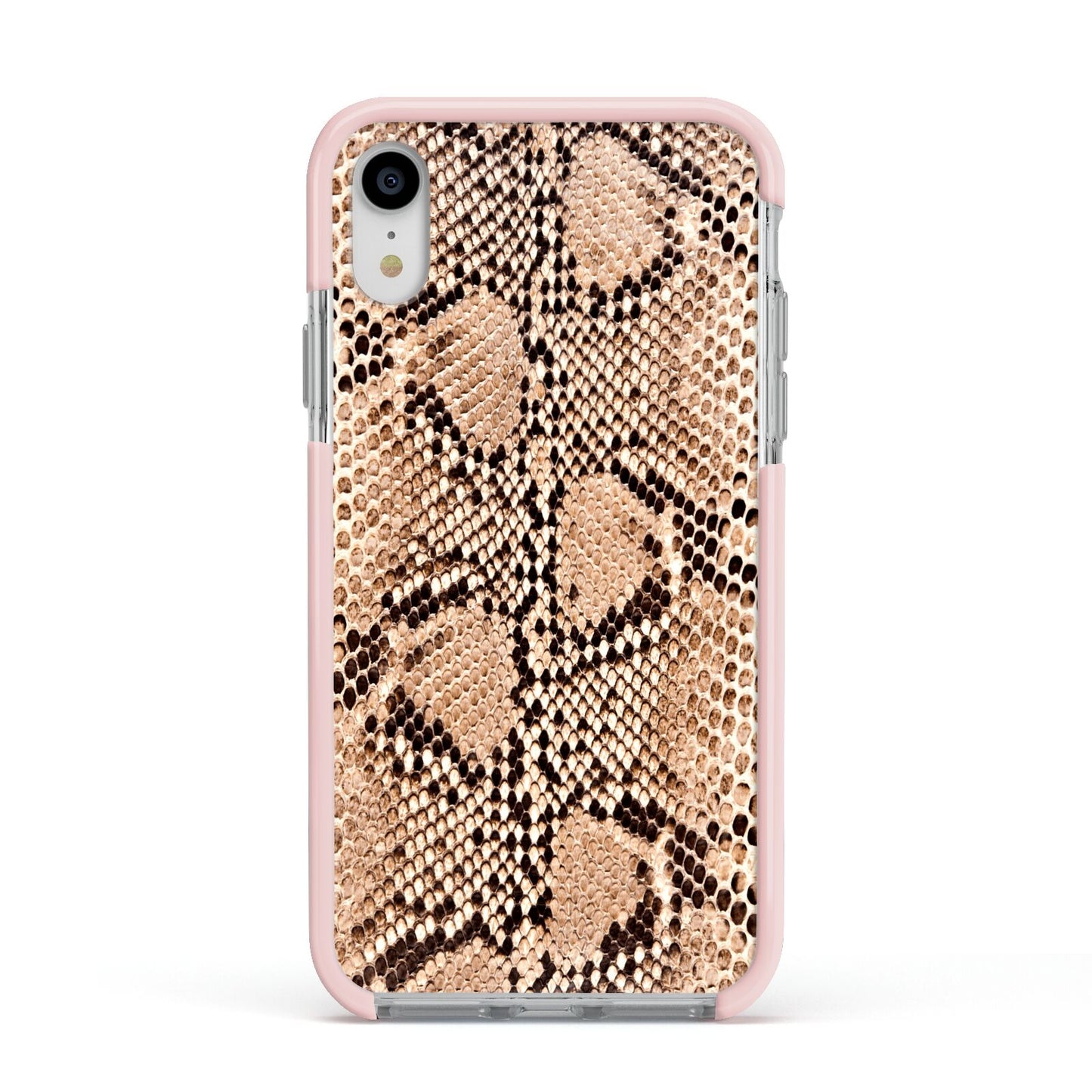 Snakeskin Apple iPhone XR Impact Case Pink Edge on Silver Phone