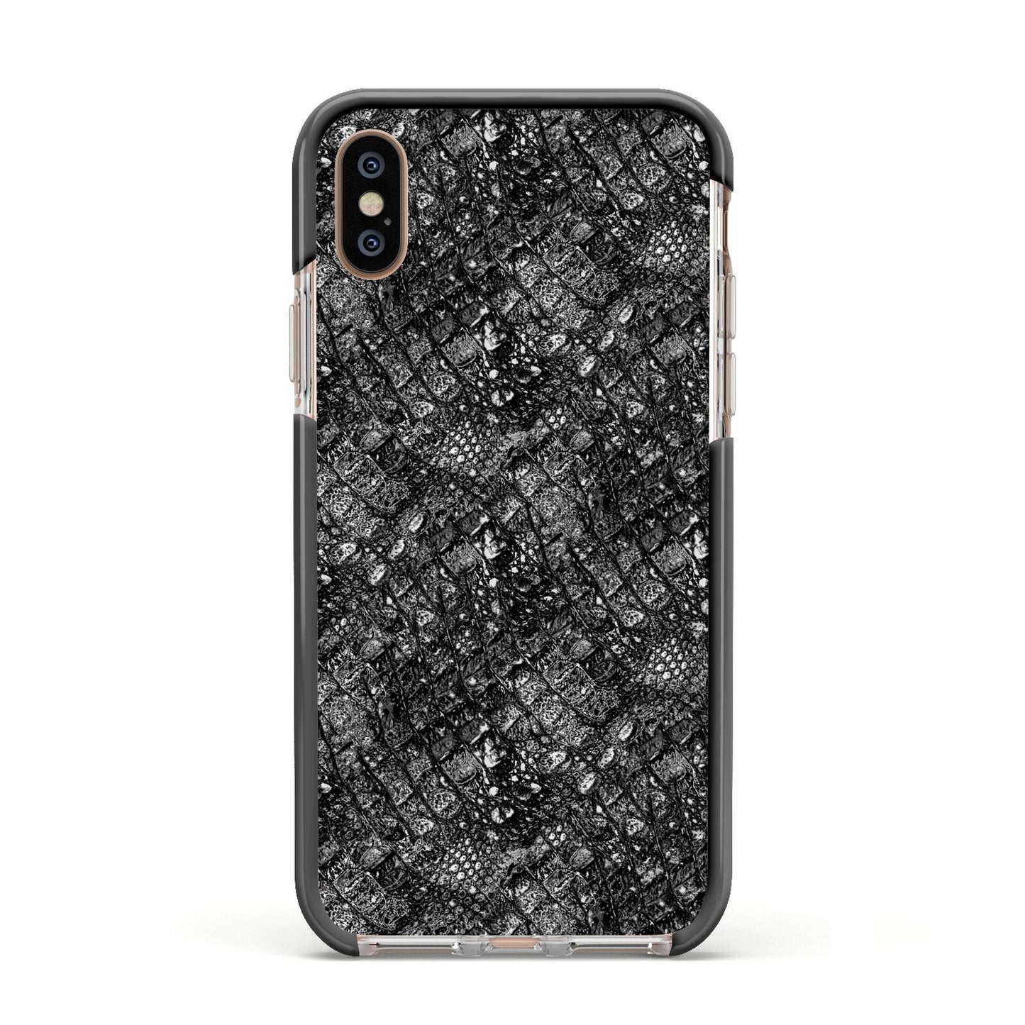 Snakeskin Design Apple iPhone Xs Impact Case Black Edge on Gold Phone