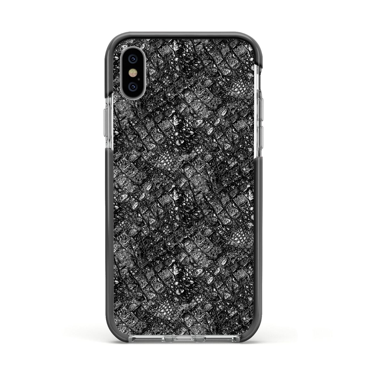 Snakeskin Design Apple iPhone Xs Impact Case Black Edge on Silver Phone