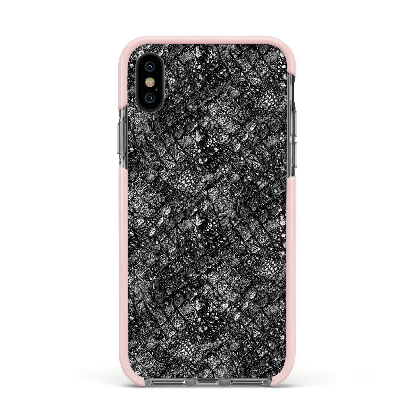 Snakeskin Design Apple iPhone Xs Impact Case Pink Edge on Black Phone