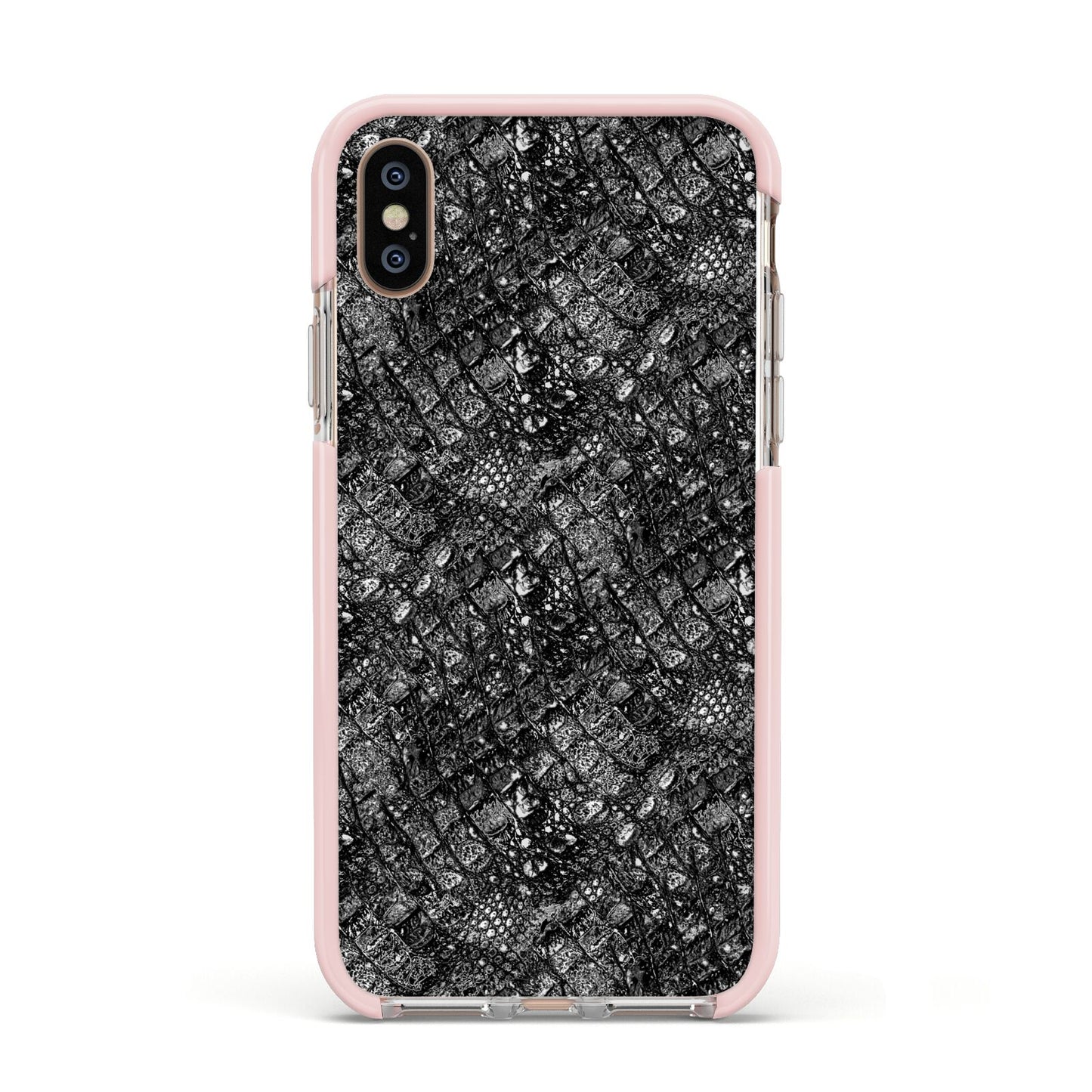 Snakeskin Design Apple iPhone Xs Impact Case Pink Edge on Gold Phone