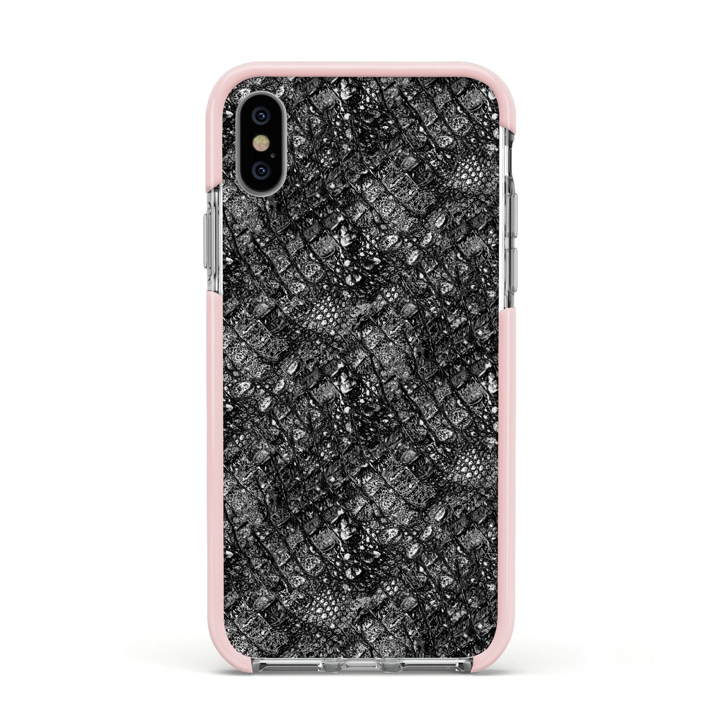 Snakeskin Design Apple iPhone Xs Impact Case Pink Edge on Silver Phone