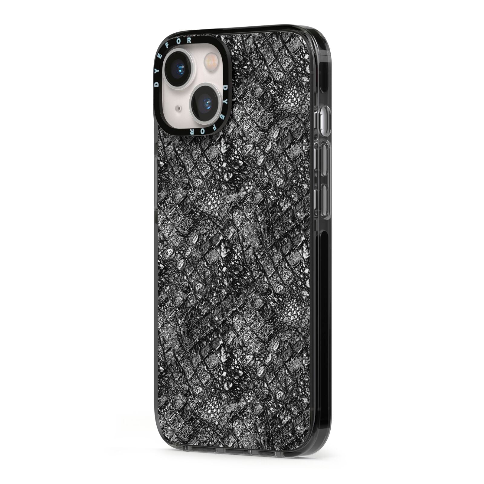 Snakeskin Design iPhone 13 Black Impact Case Side Angle on Silver phone