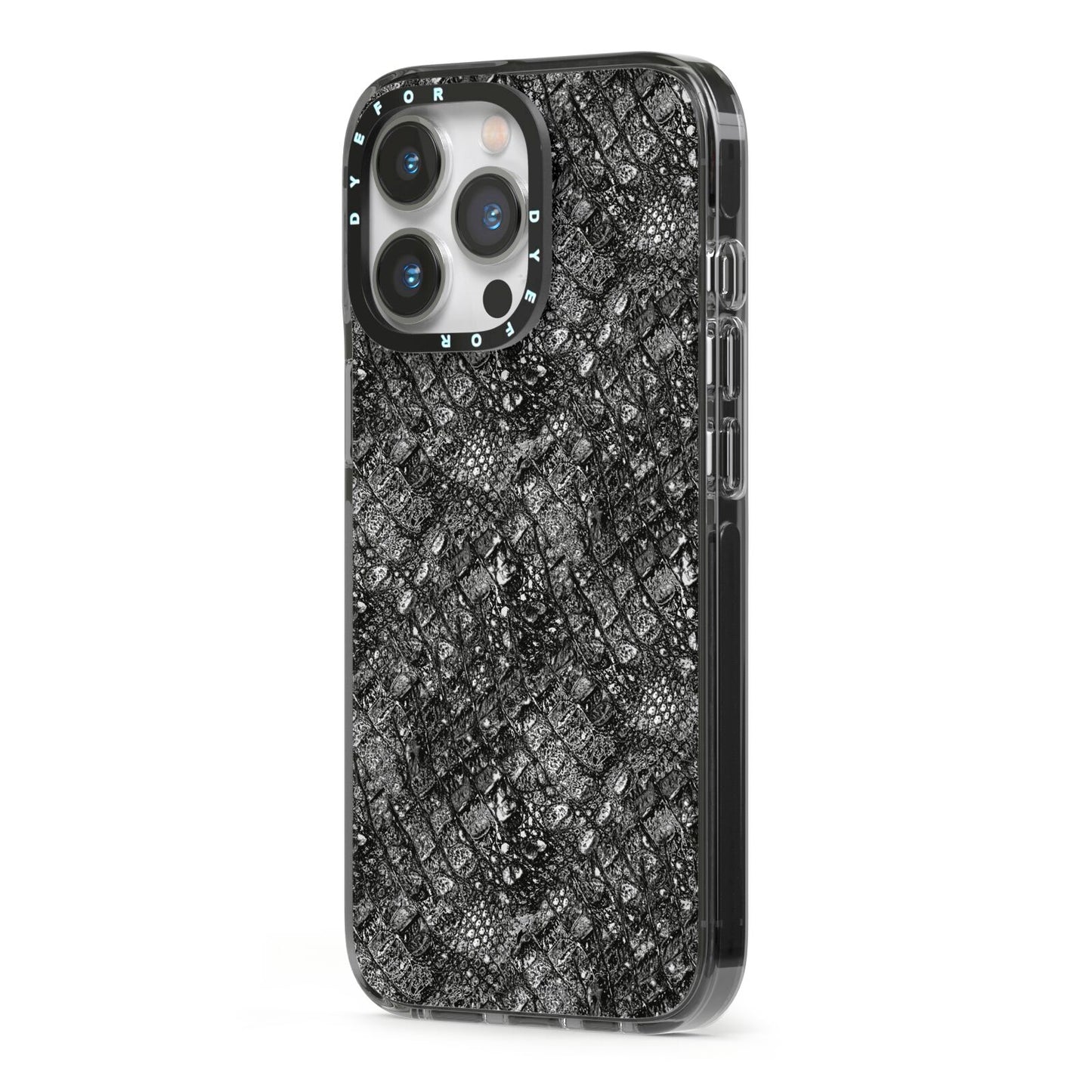 Snakeskin Design iPhone 13 Pro Black Impact Case Side Angle on Silver phone