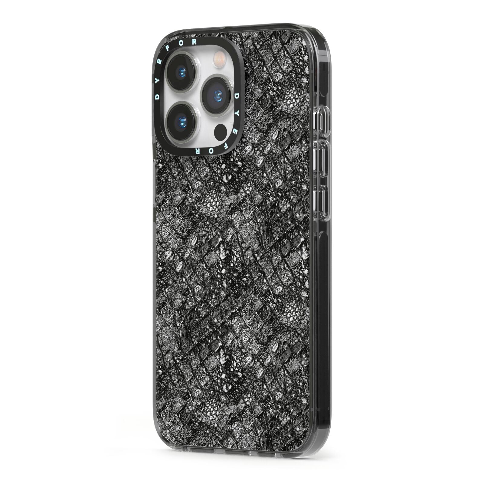 Snakeskin Design iPhone 13 Pro Black Impact Case Side Angle on Silver phone