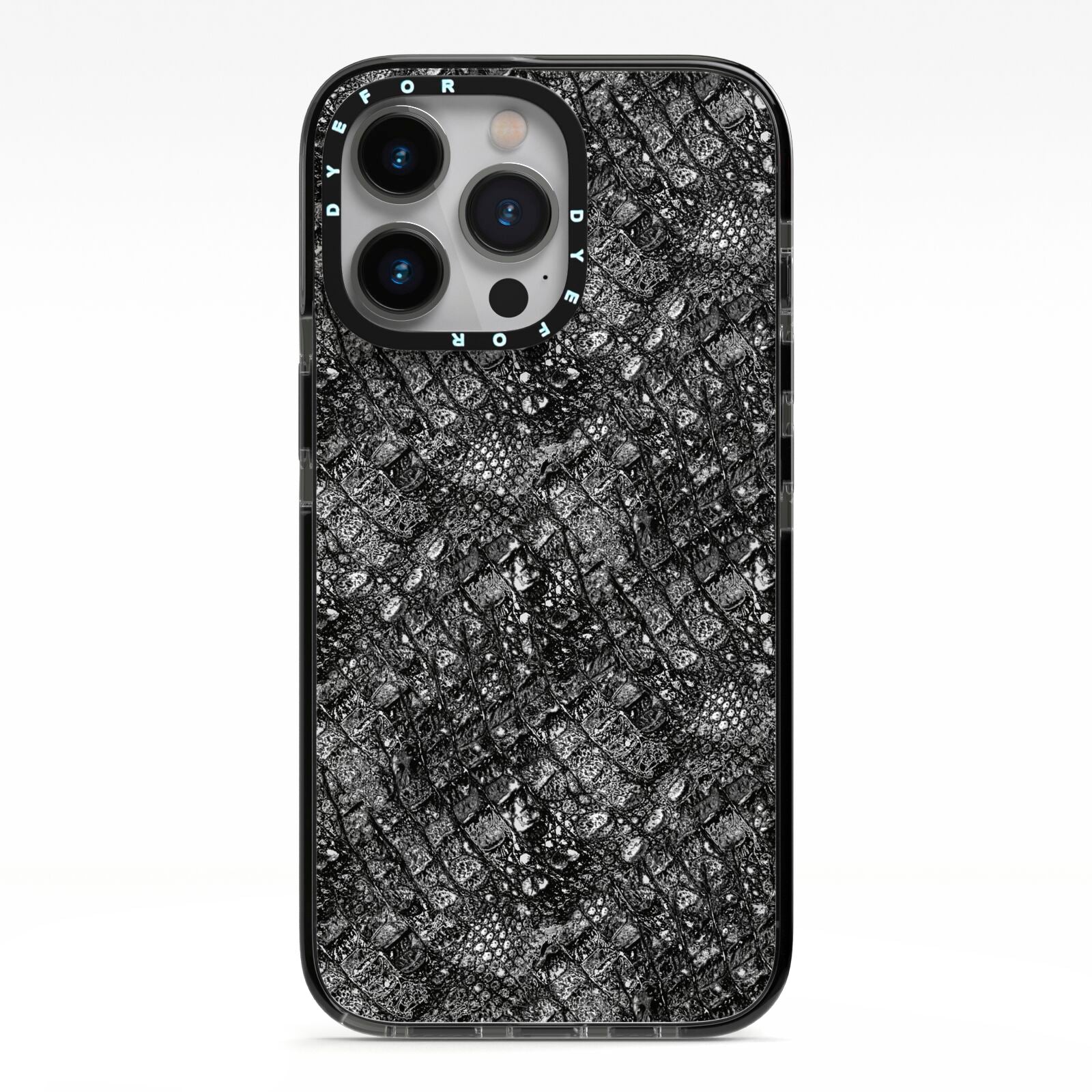 Snakeskin Design iPhone 13 Pro Black Impact Case on Silver phone