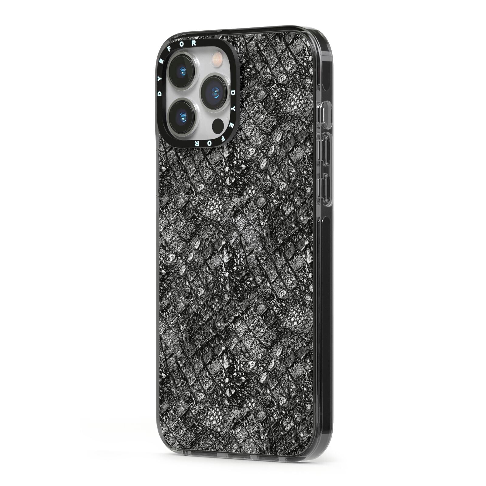 Snakeskin Design iPhone 13 Pro Max Black Impact Case Side Angle on Silver phone