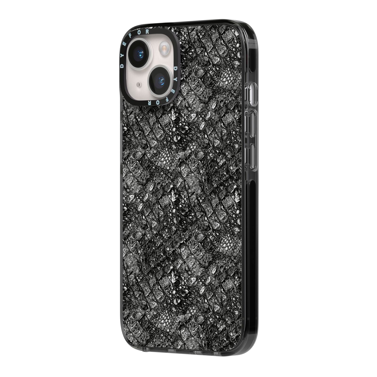 Snakeskin Design iPhone 14 Black Impact Case Side Angle on Silver phone