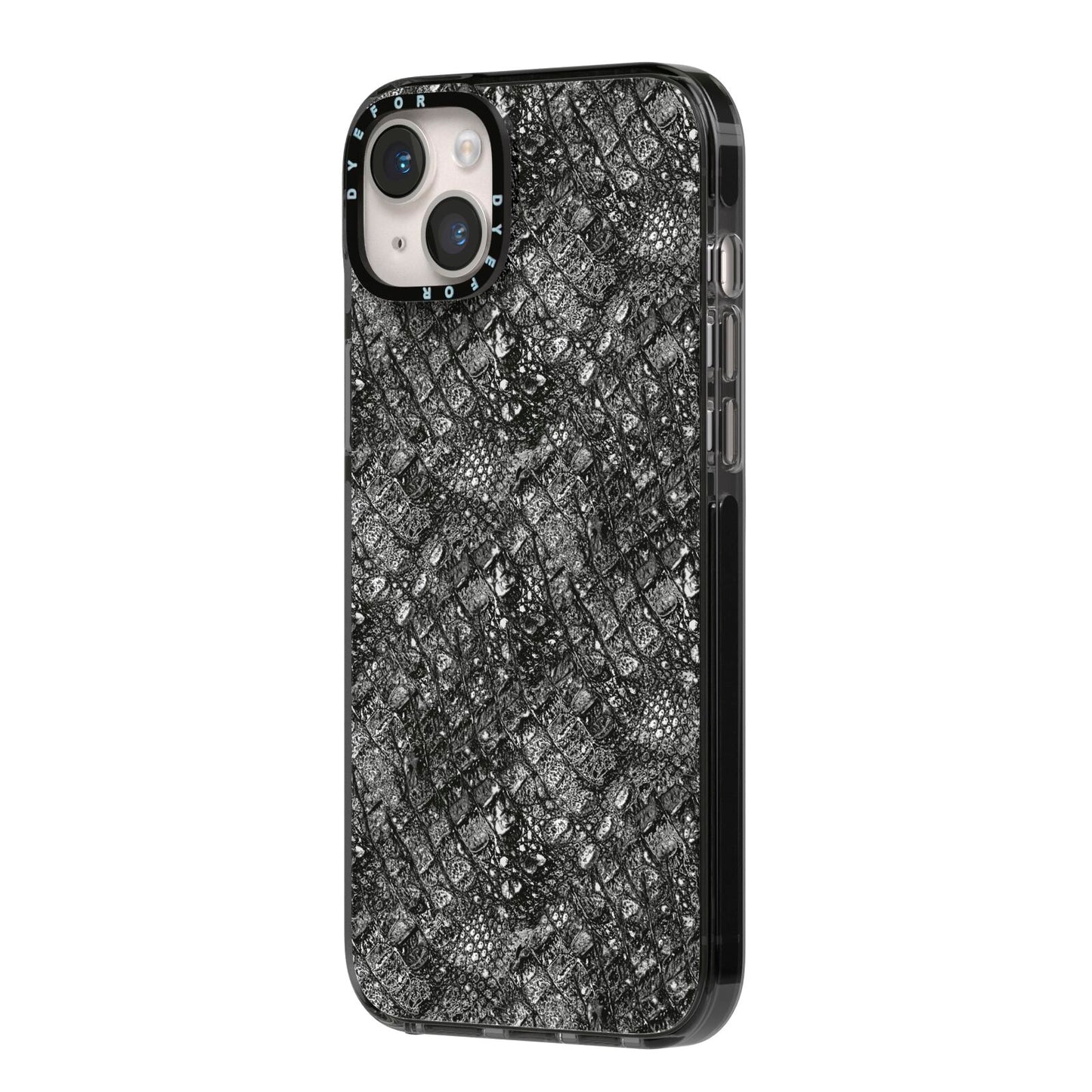 Snakeskin Design iPhone 14 Plus Black Impact Case Side Angle on Silver phone