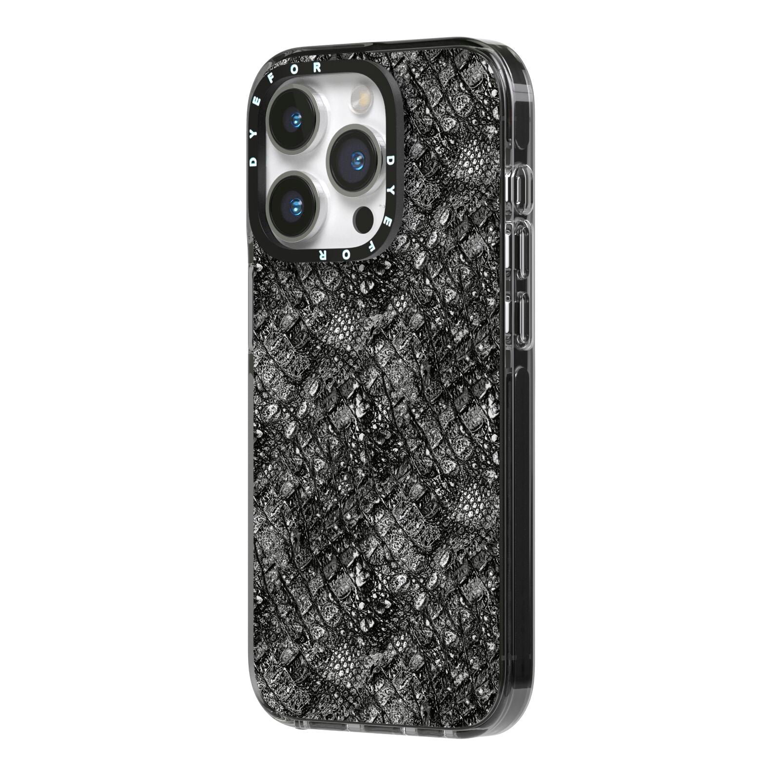 Snakeskin Design iPhone 14 Pro Black Impact Case Side Angle on Silver phone