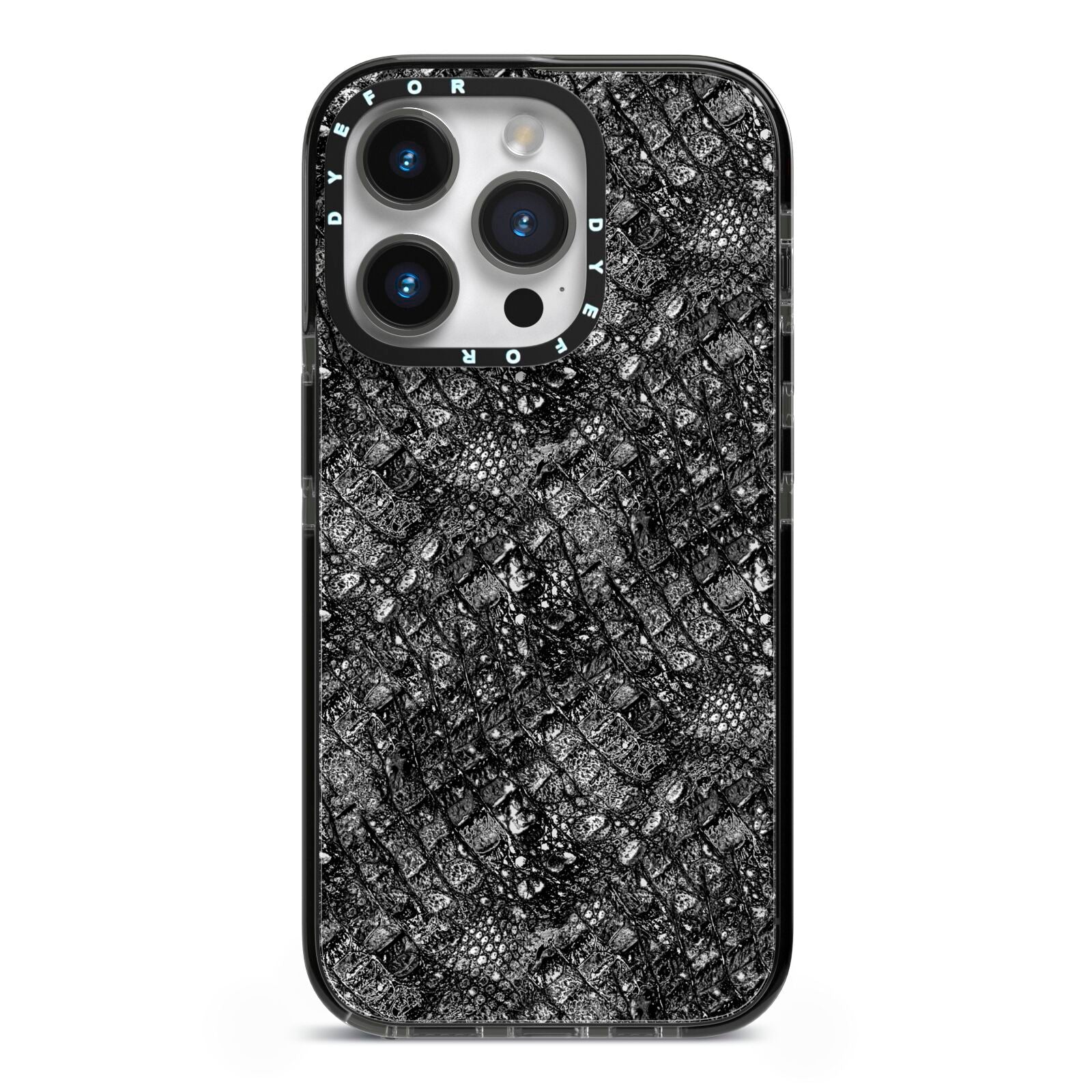 Snakeskin Design iPhone 14 Pro Black Impact Case on Silver phone