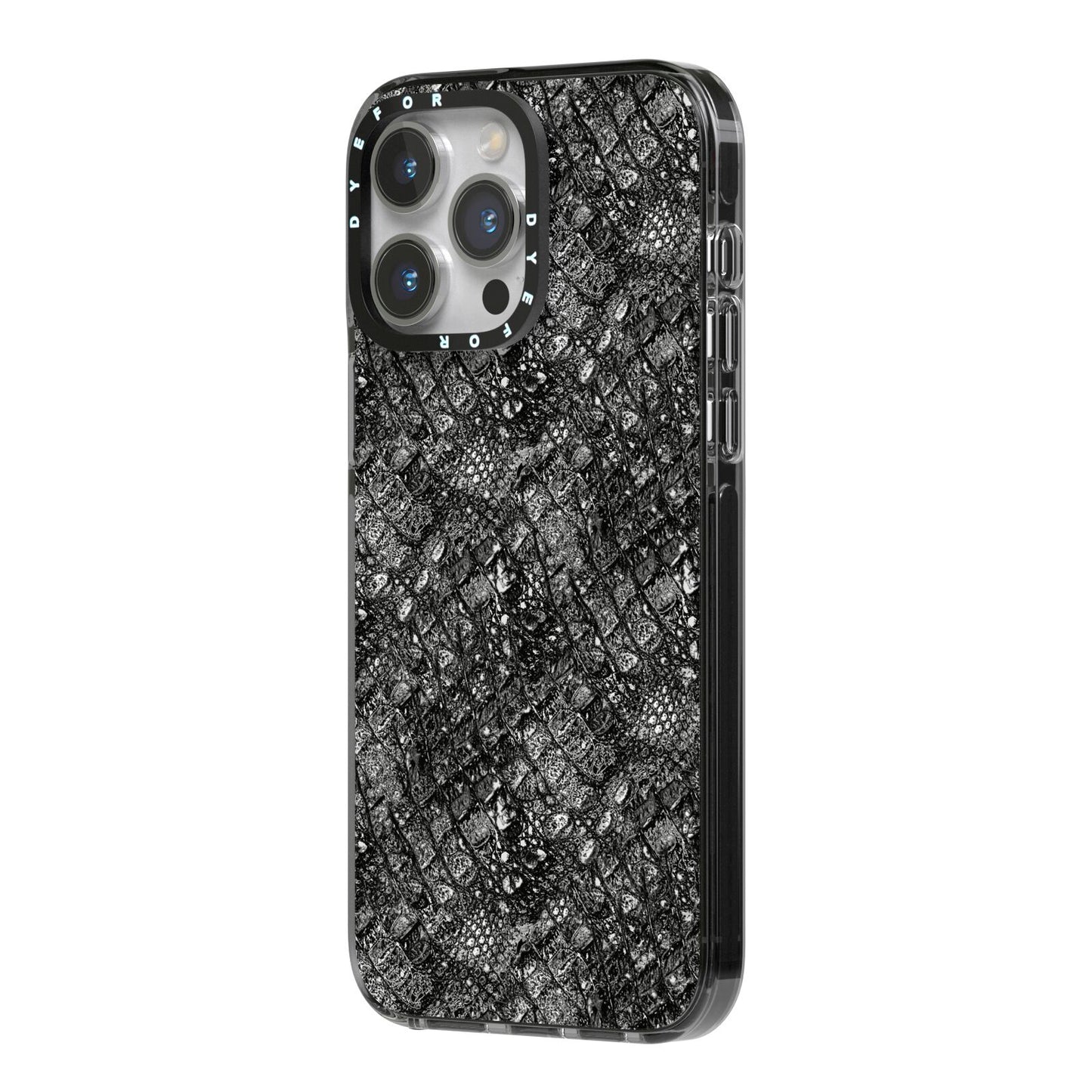 Snakeskin Design iPhone 14 Pro Max Black Impact Case Side Angle on Silver phone