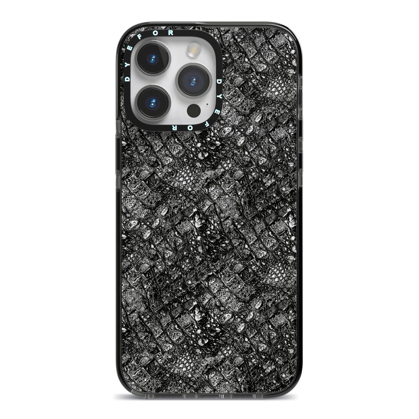 Snakeskin Design iPhone 14 Pro Max Black Impact Case on Silver phone