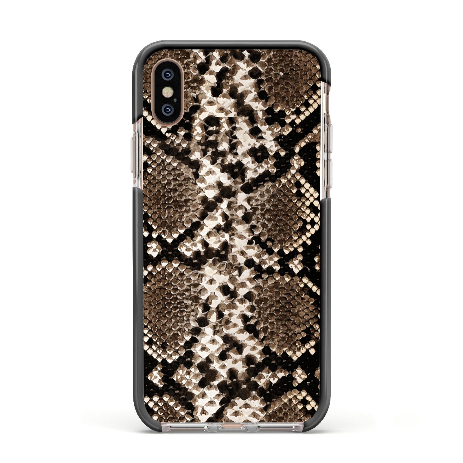 Snakeskin Pattern Apple iPhone Xs Impact Case Black Edge on Gold Phone