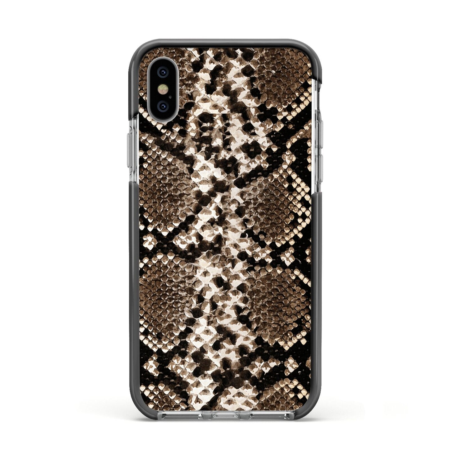 Snakeskin Pattern Apple iPhone Xs Impact Case Black Edge on Silver Phone