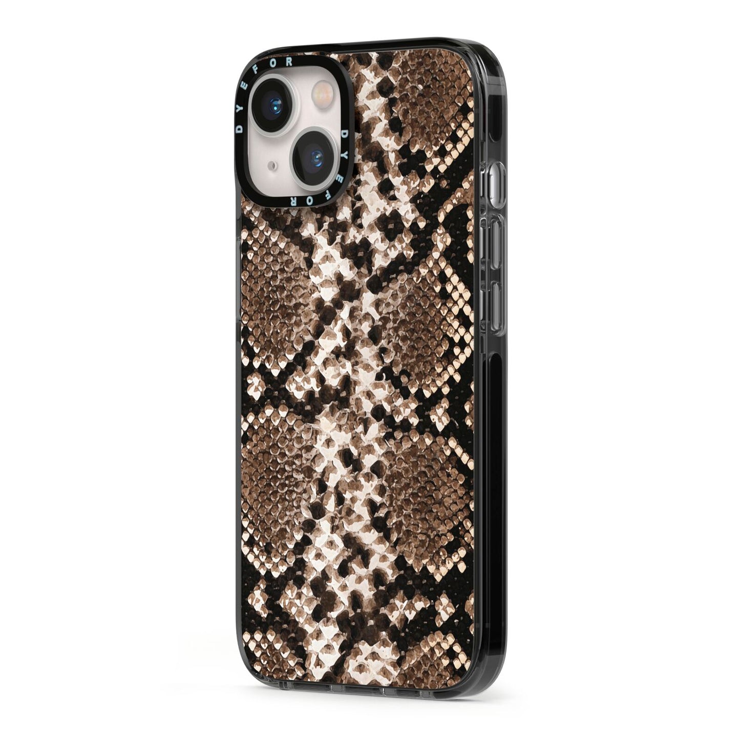 Snakeskin Pattern iPhone 13 Black Impact Case Side Angle on Silver phone