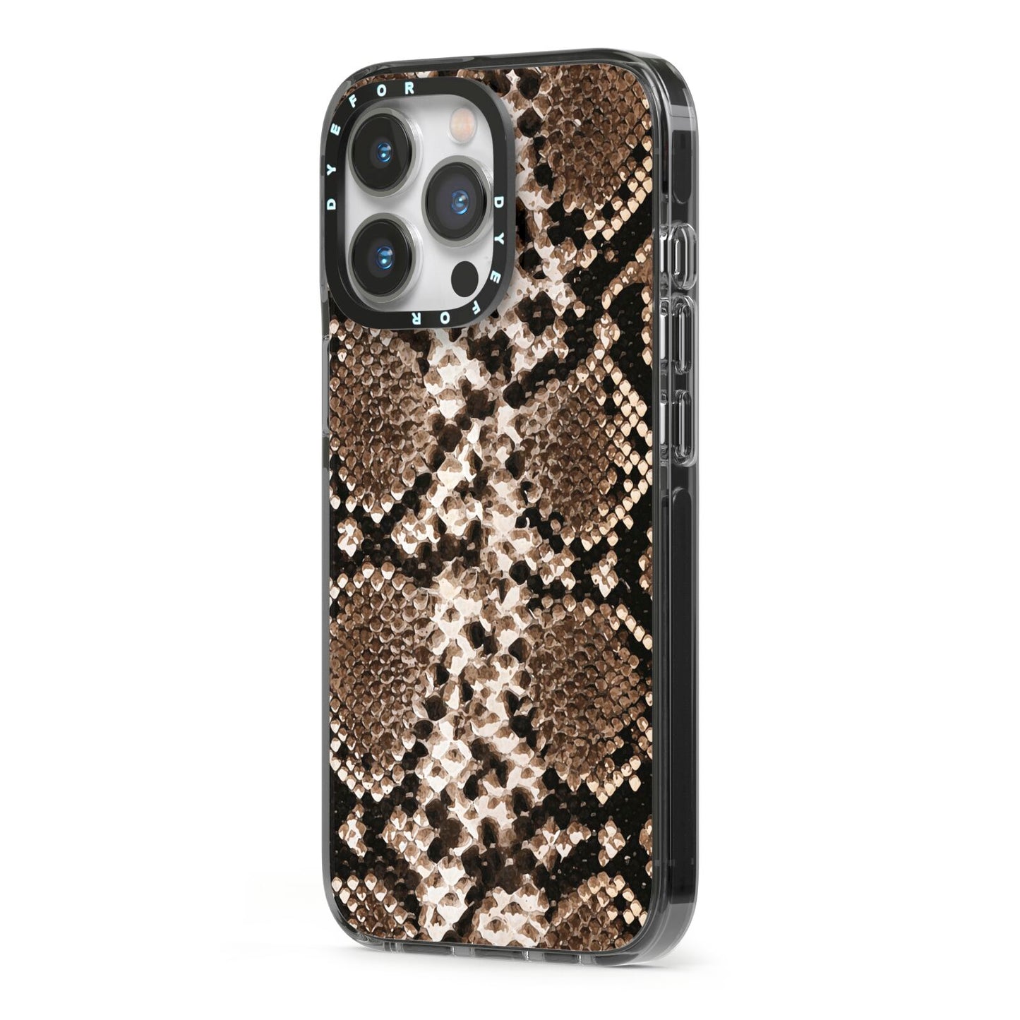 Snakeskin Pattern iPhone 13 Pro Black Impact Case Side Angle on Silver phone