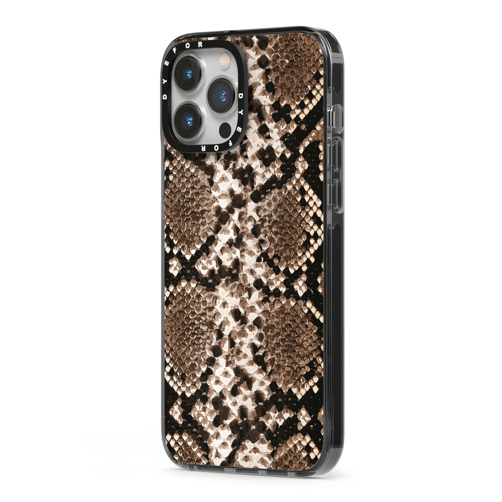 Snakeskin Pattern iPhone 13 Pro Max Black Impact Case Side Angle on Silver phone