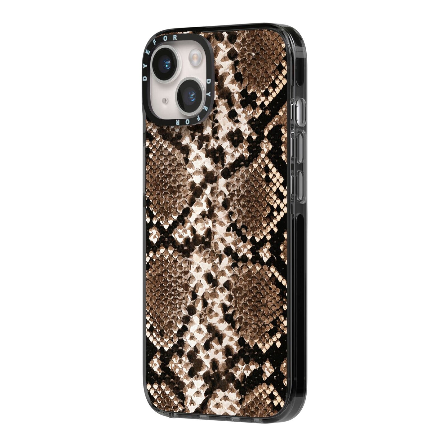 Snakeskin Pattern iPhone 14 Black Impact Case Side Angle on Silver phone