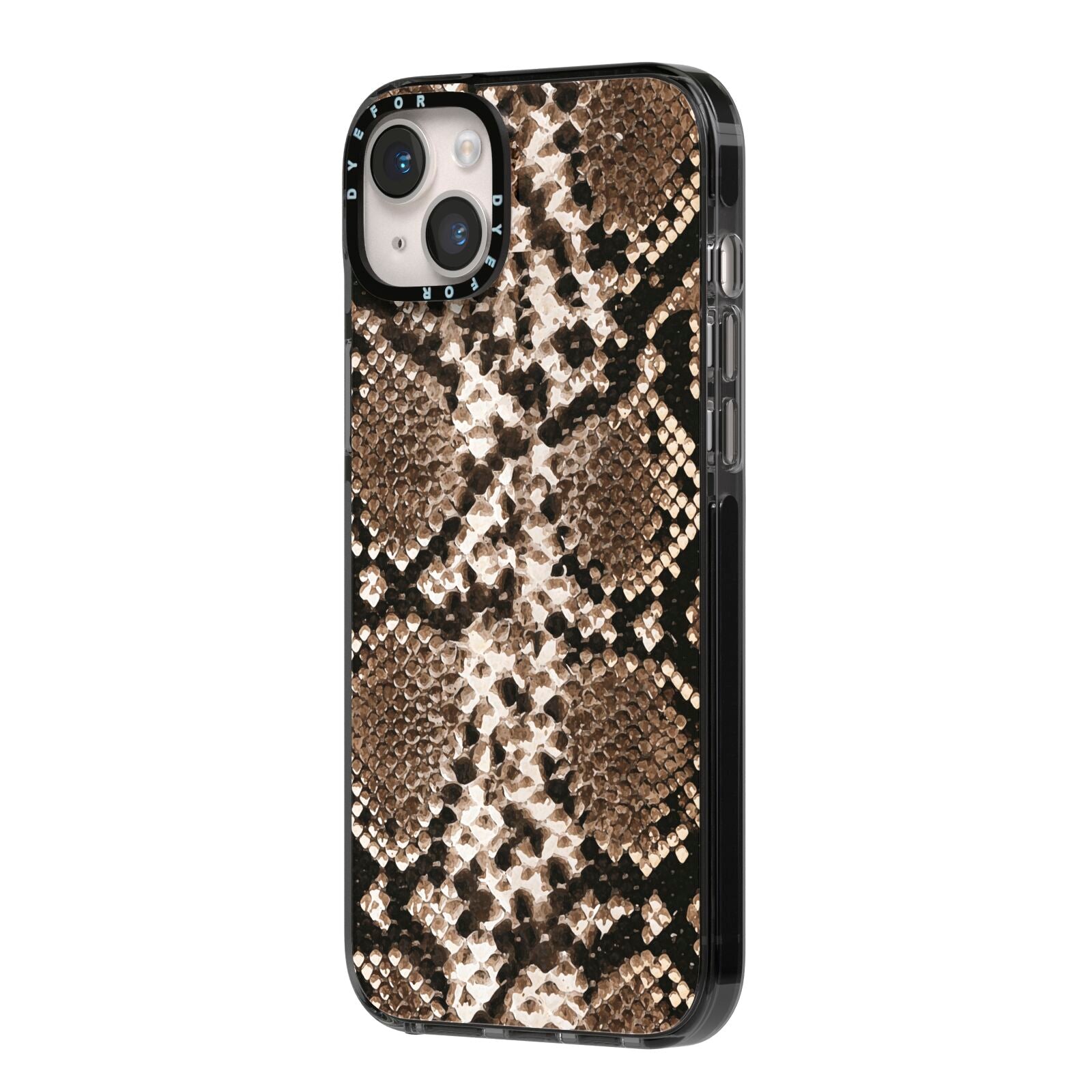 Snakeskin Pattern iPhone 14 Plus Black Impact Case Side Angle on Silver phone