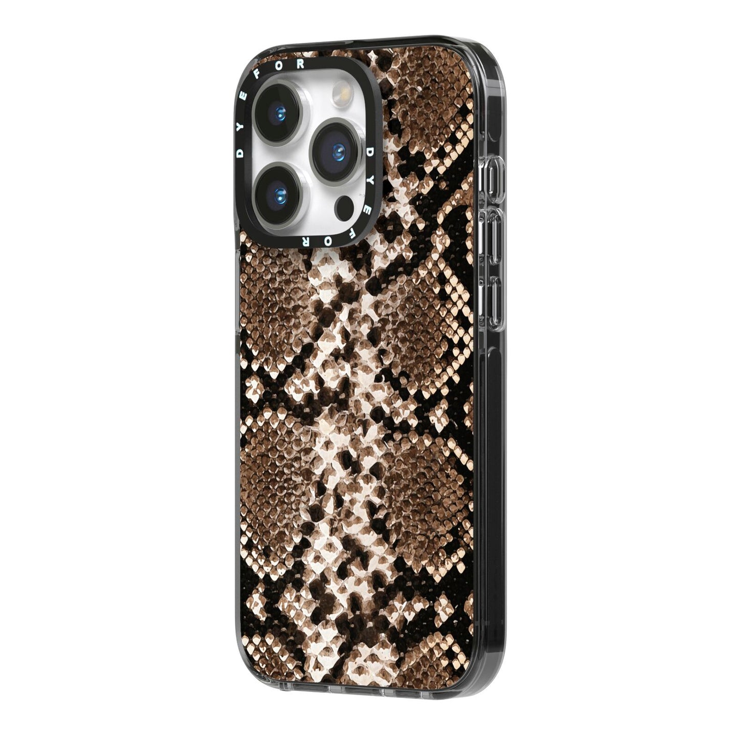 Snakeskin Pattern iPhone 14 Pro Black Impact Case Side Angle on Silver phone