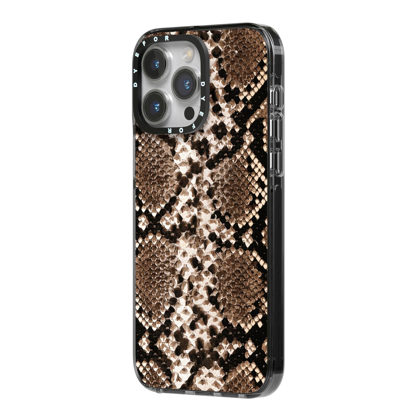 Snakeskin Pattern iPhone 14 Pro Max Black Impact Case Side Angle on Silver phone