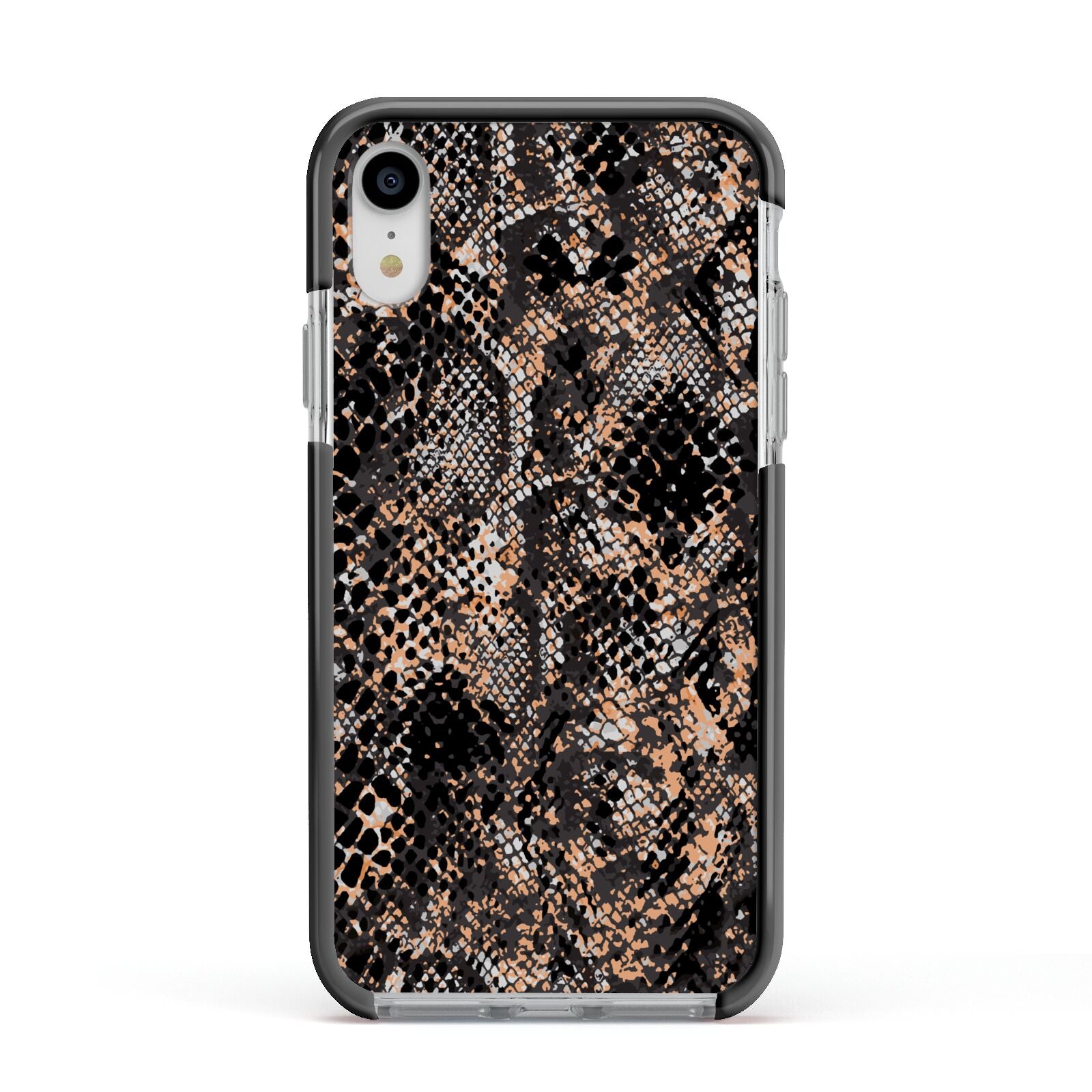 Snakeskin Print Apple iPhone XR Impact Case Black Edge on Silver Phone