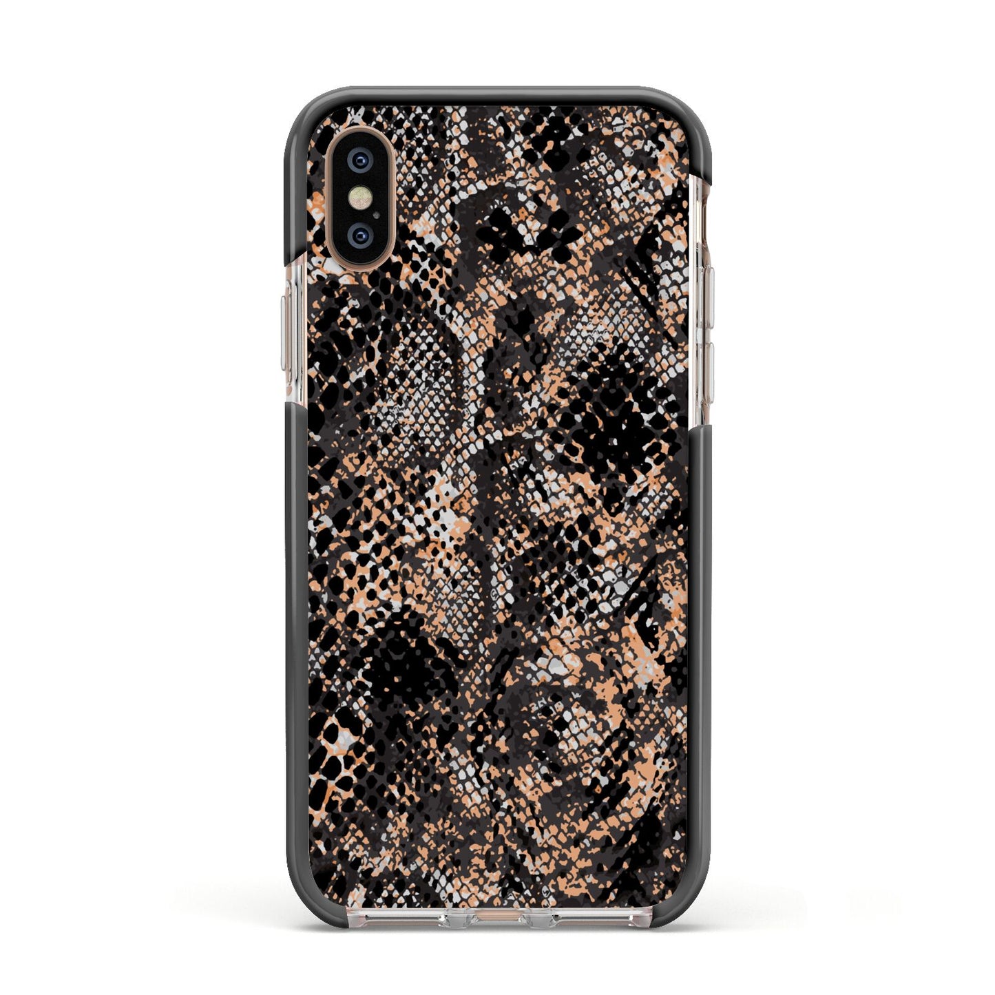 Snakeskin Print Apple iPhone Xs Impact Case Black Edge on Gold Phone