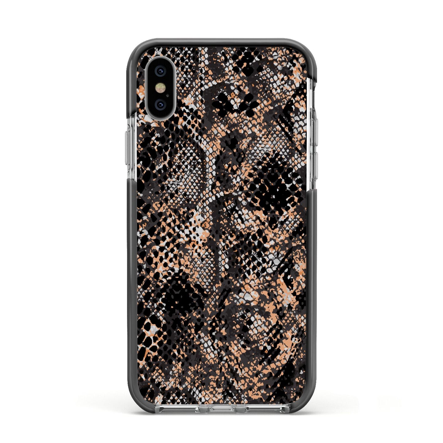 Snakeskin Print Apple iPhone Xs Impact Case Black Edge on Silver Phone