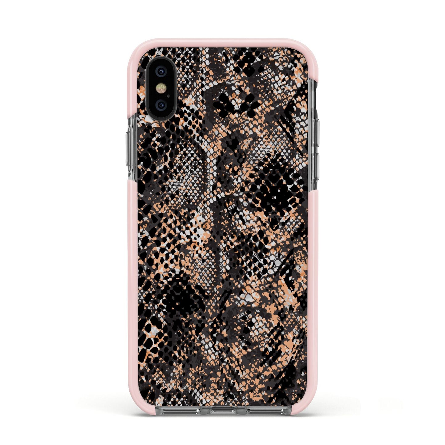 Snakeskin Print Apple iPhone Xs Impact Case Pink Edge on Black Phone