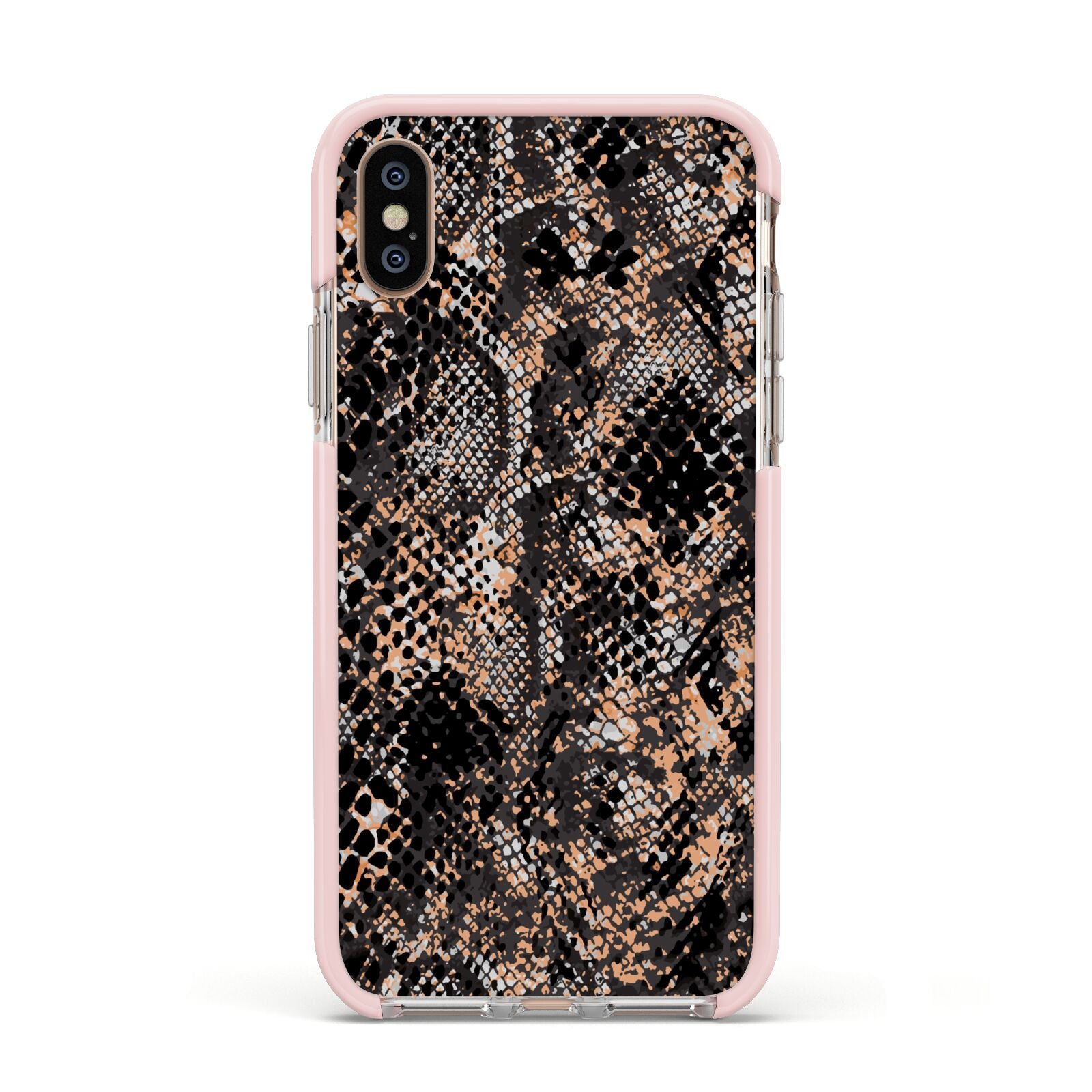 Snakeskin Print Apple iPhone Xs Impact Case Pink Edge on Gold Phone