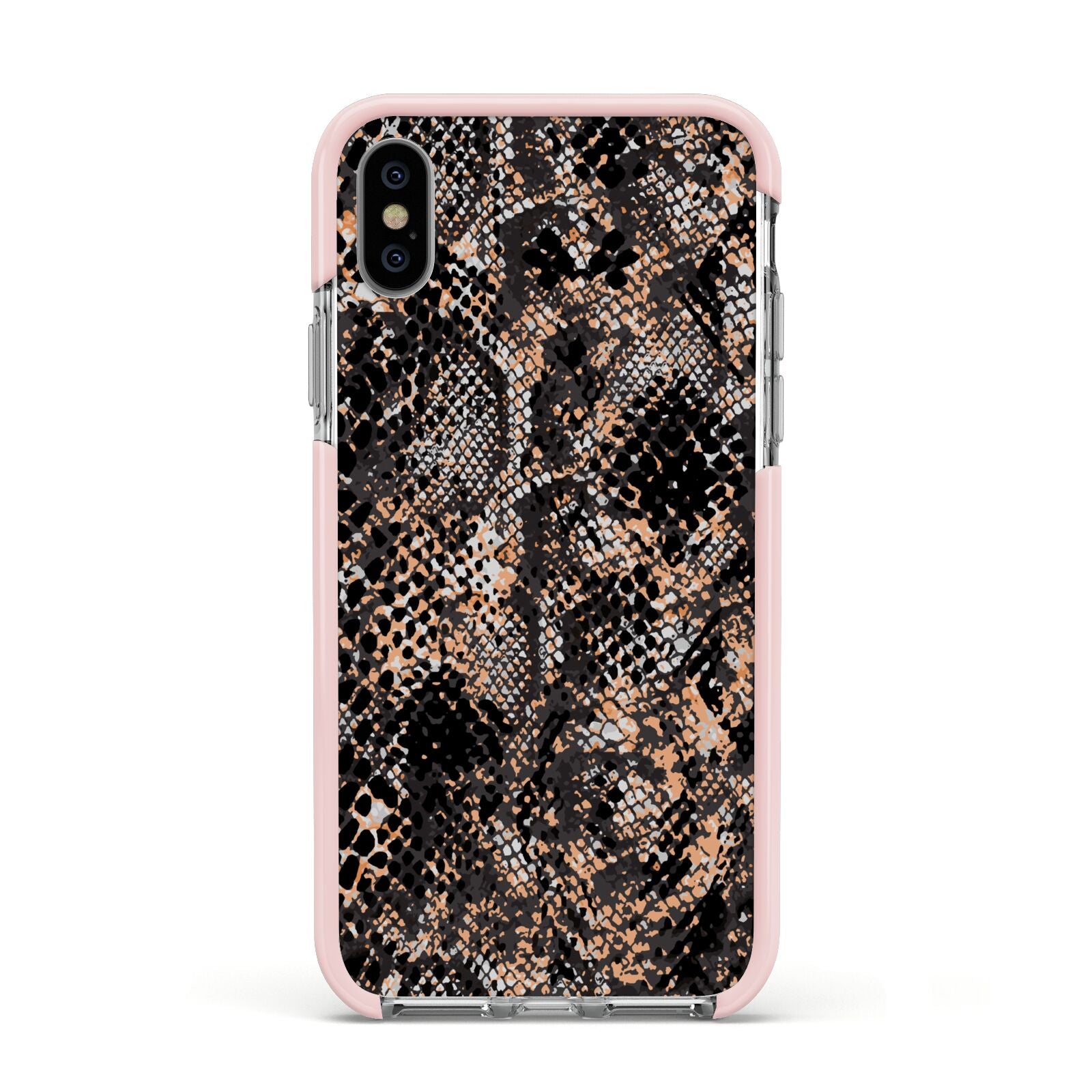 Snakeskin Print Apple iPhone Xs Impact Case Pink Edge on Silver Phone