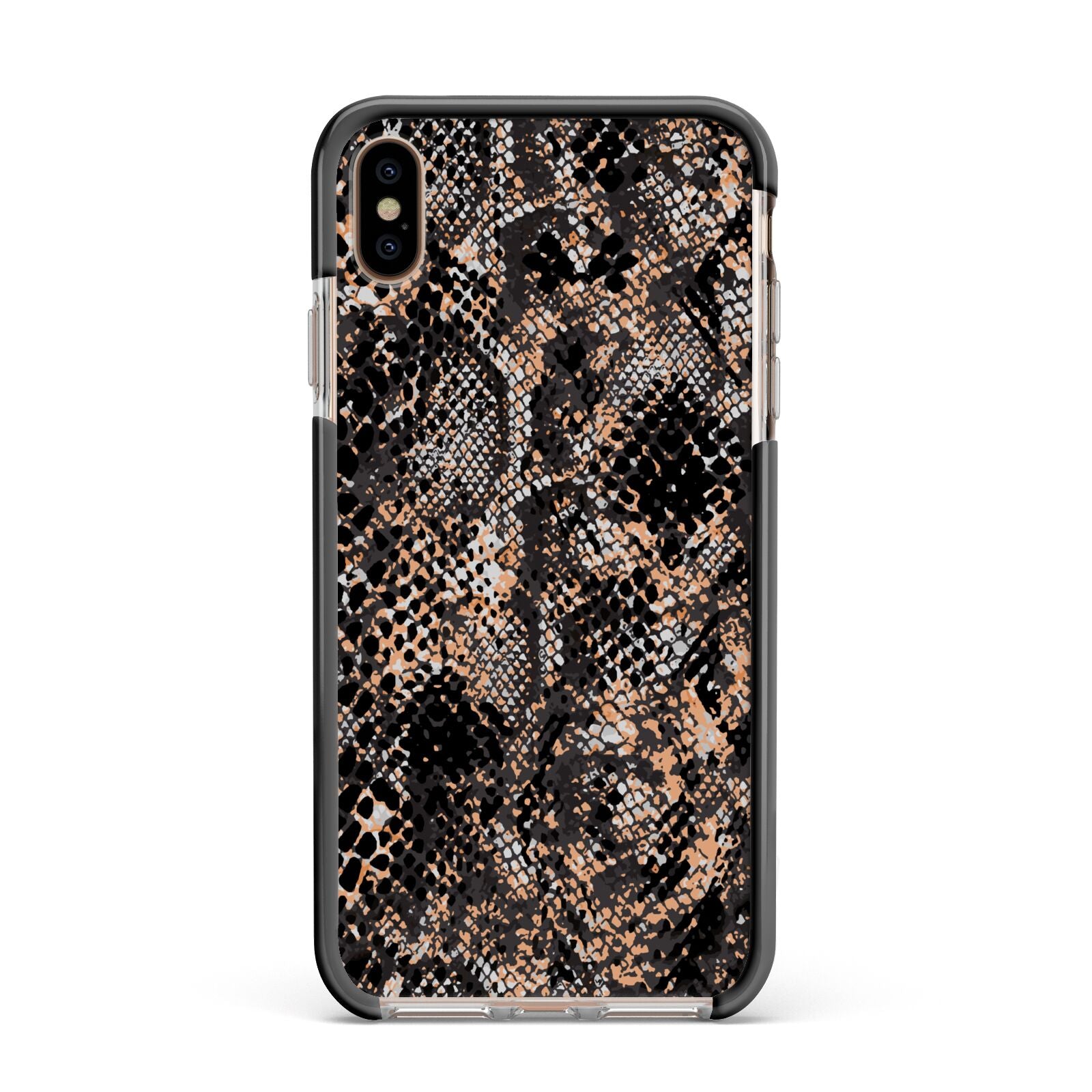 Snakeskin Print Apple iPhone Xs Max Impact Case Black Edge on Gold Phone