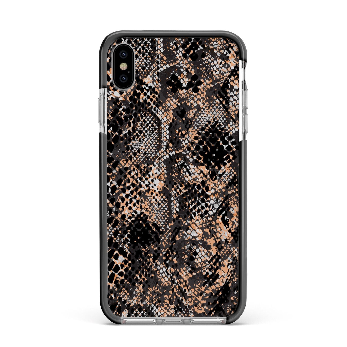 Snakeskin Print Apple iPhone Xs Max Impact Case Black Edge on Silver Phone