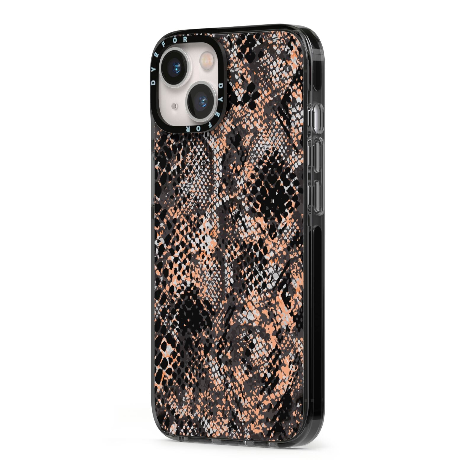 Snakeskin Print iPhone 13 Black Impact Case Side Angle on Silver phone