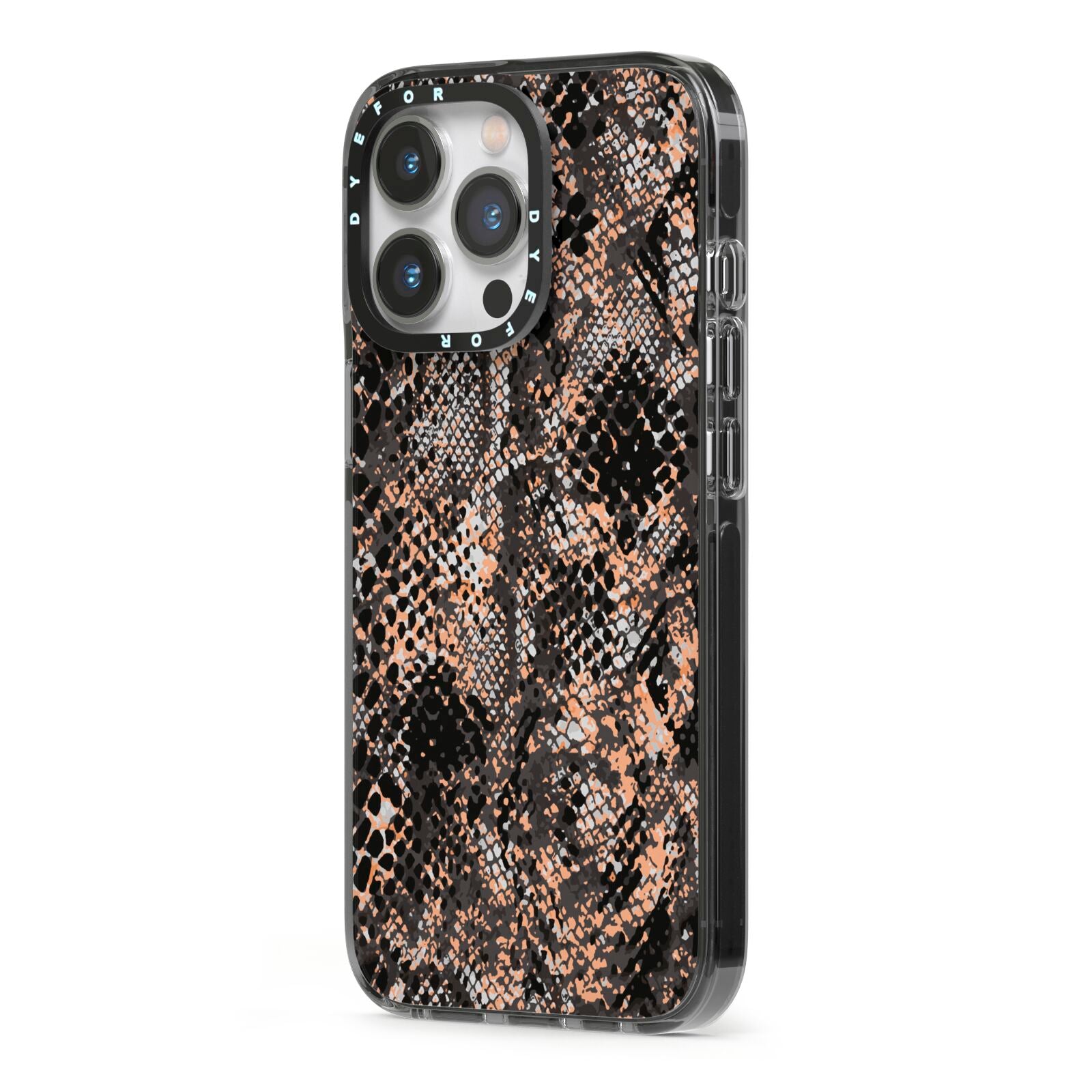 Snakeskin Print iPhone 13 Pro Black Impact Case Side Angle on Silver phone