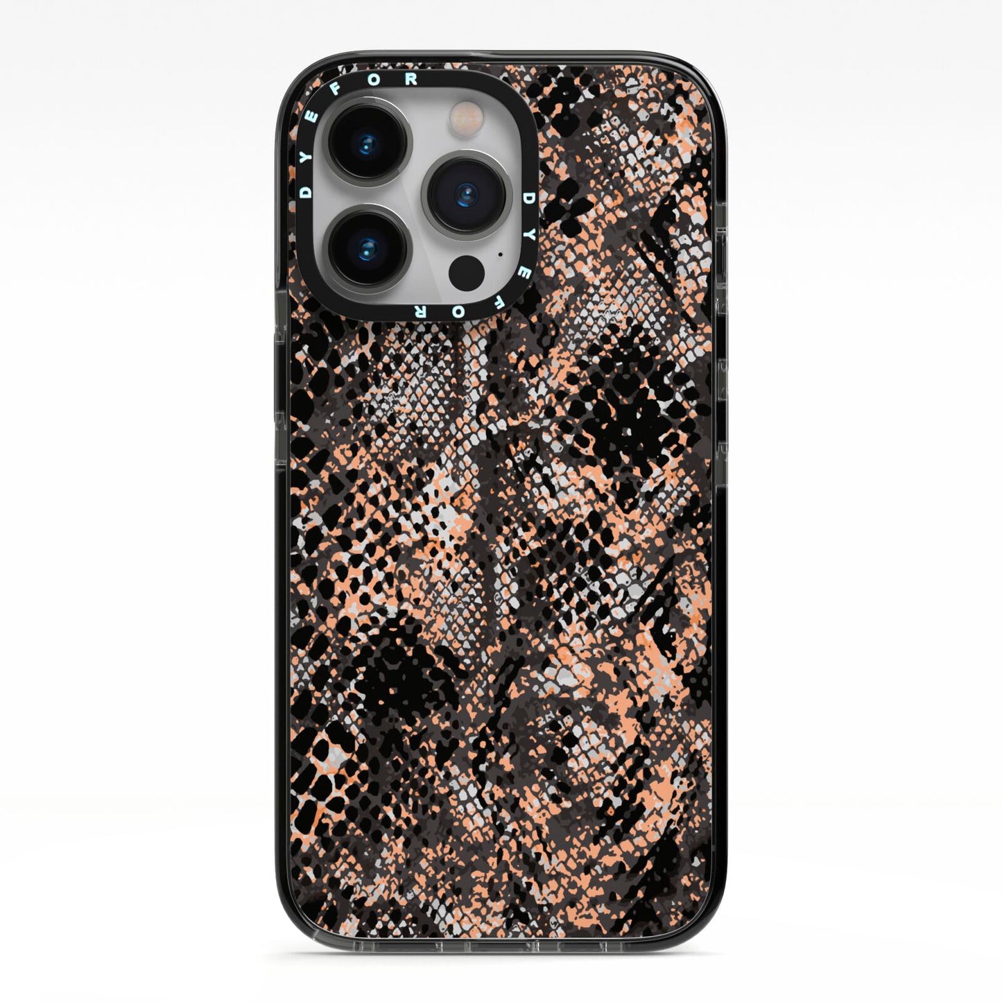 Snakeskin Print iPhone 13 Pro Black Impact Case on Silver phone