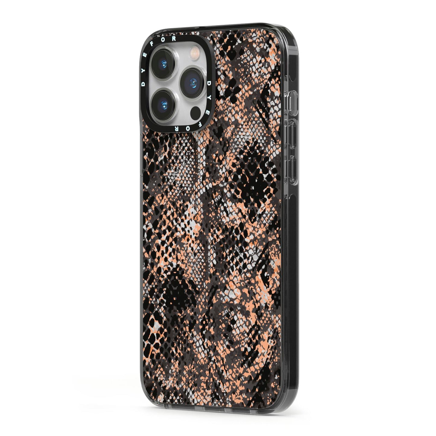 Snakeskin Print iPhone 13 Pro Max Black Impact Case Side Angle on Silver phone