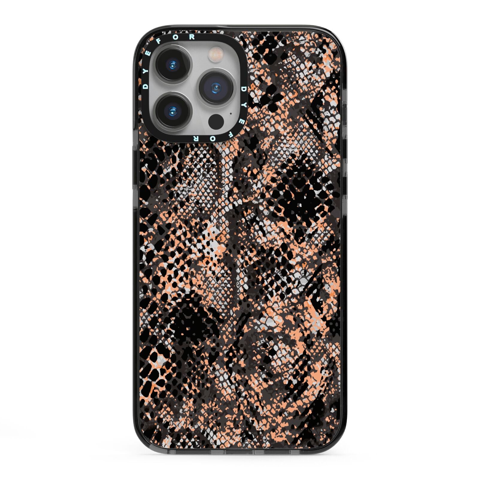 Snakeskin Print iPhone 13 Pro Max Black Impact Case on Silver phone