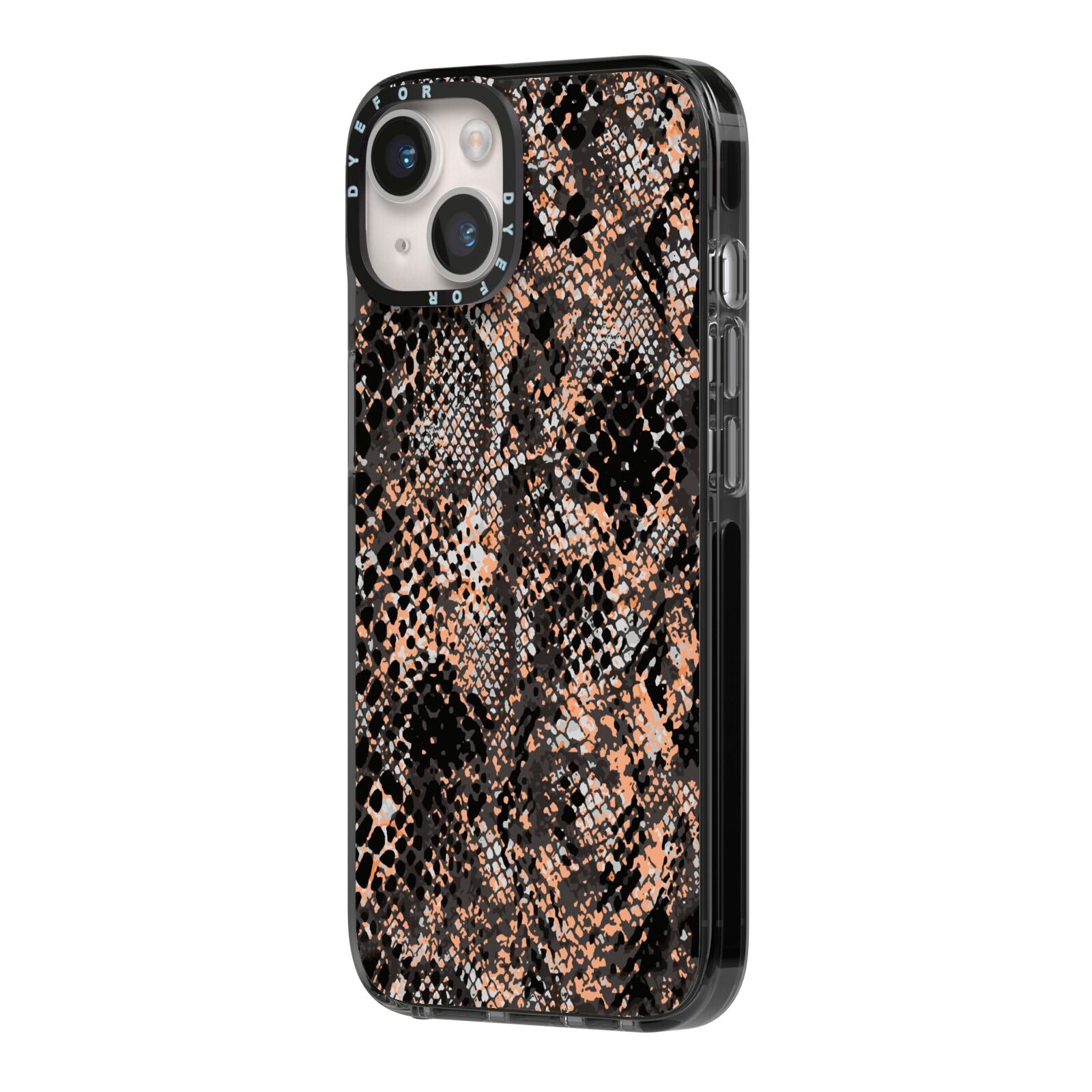 Snakeskin Print iPhone 14 Black Impact Case Side Angle on Silver phone