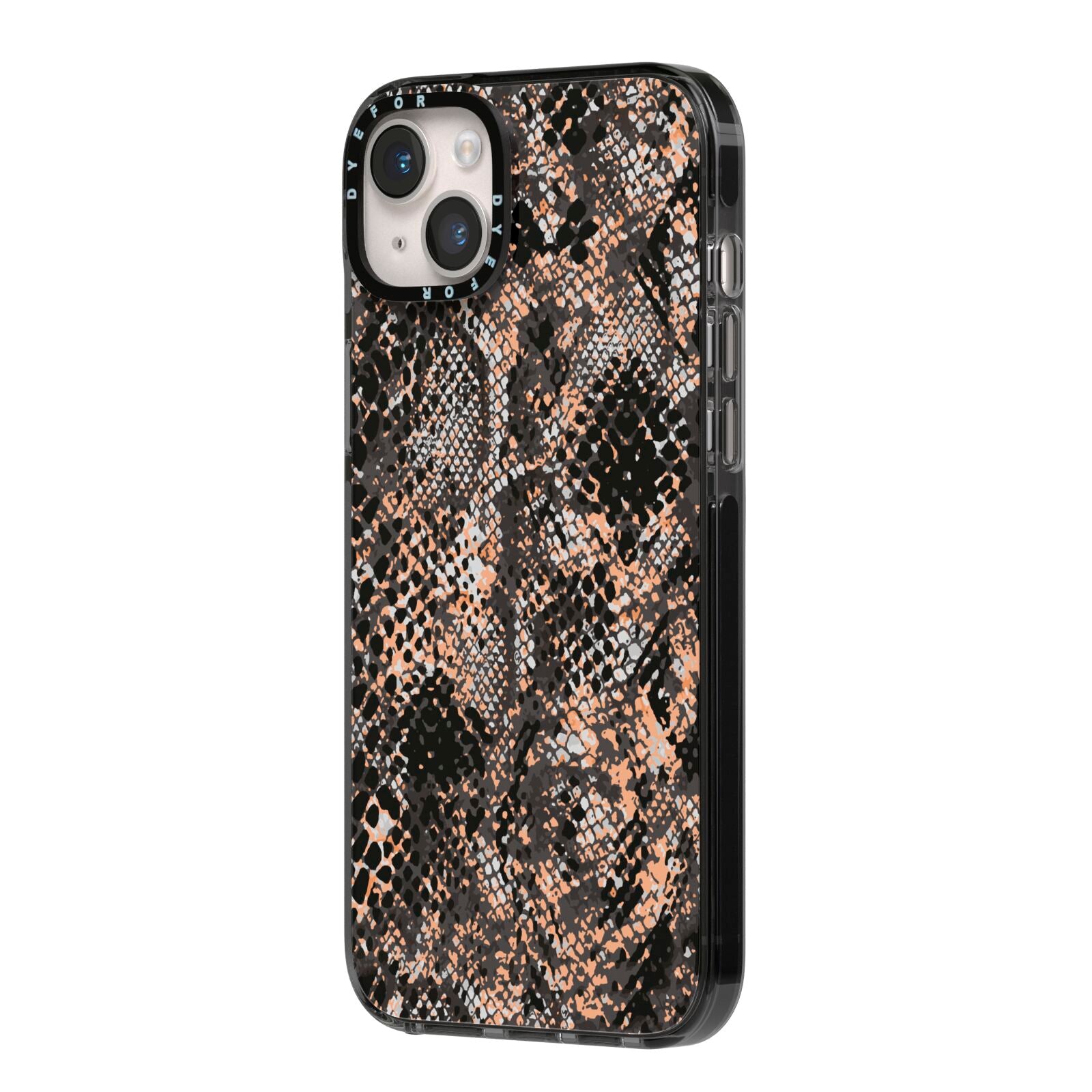 Snakeskin Print iPhone 14 Plus Black Impact Case Side Angle on Silver phone