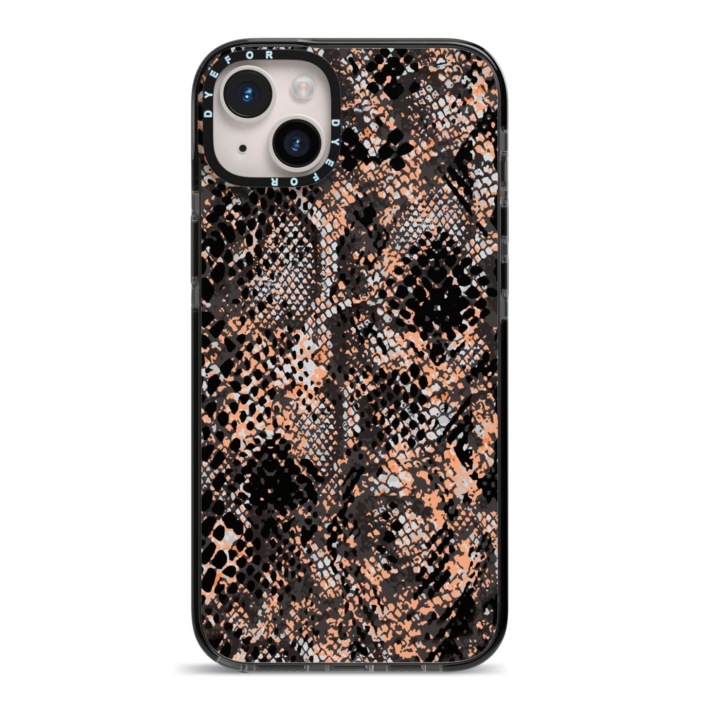 Snakeskin Print iPhone 14 Plus Black Impact Case on Silver phone